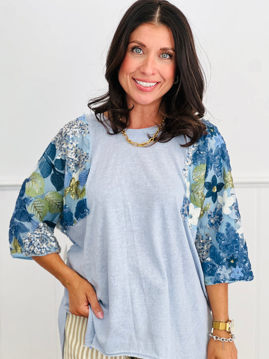 Lt Blue Sequined Floral Mesh Sleeve Top (Reg & Plus)