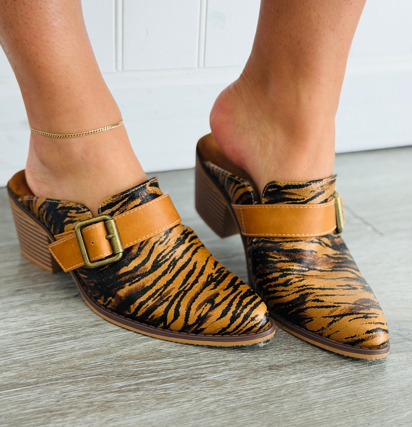 Tan Perfectly Untamed Buckle Mules