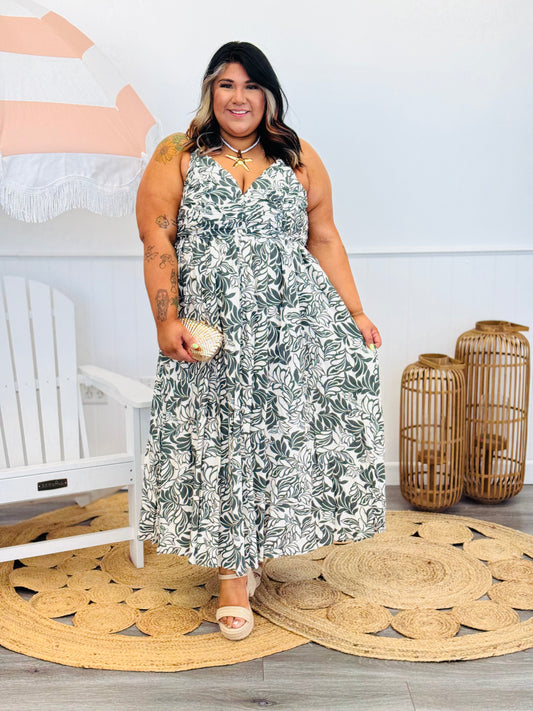 Ivory/Olive Leaf Sleeveless Maxi Dress (Reg. & Plus)
