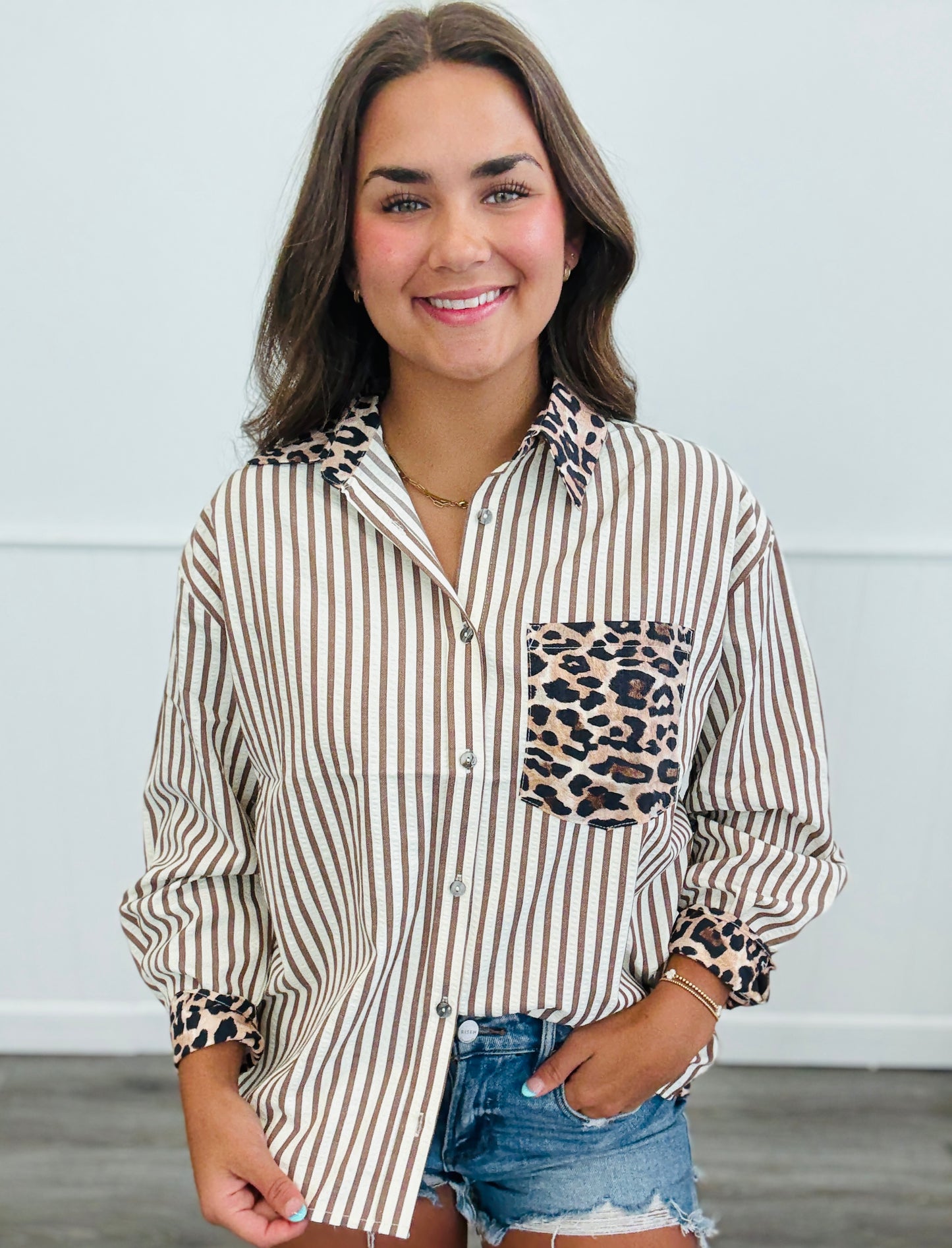 Leopard and Stripe Contrast Blouse (Reg.)