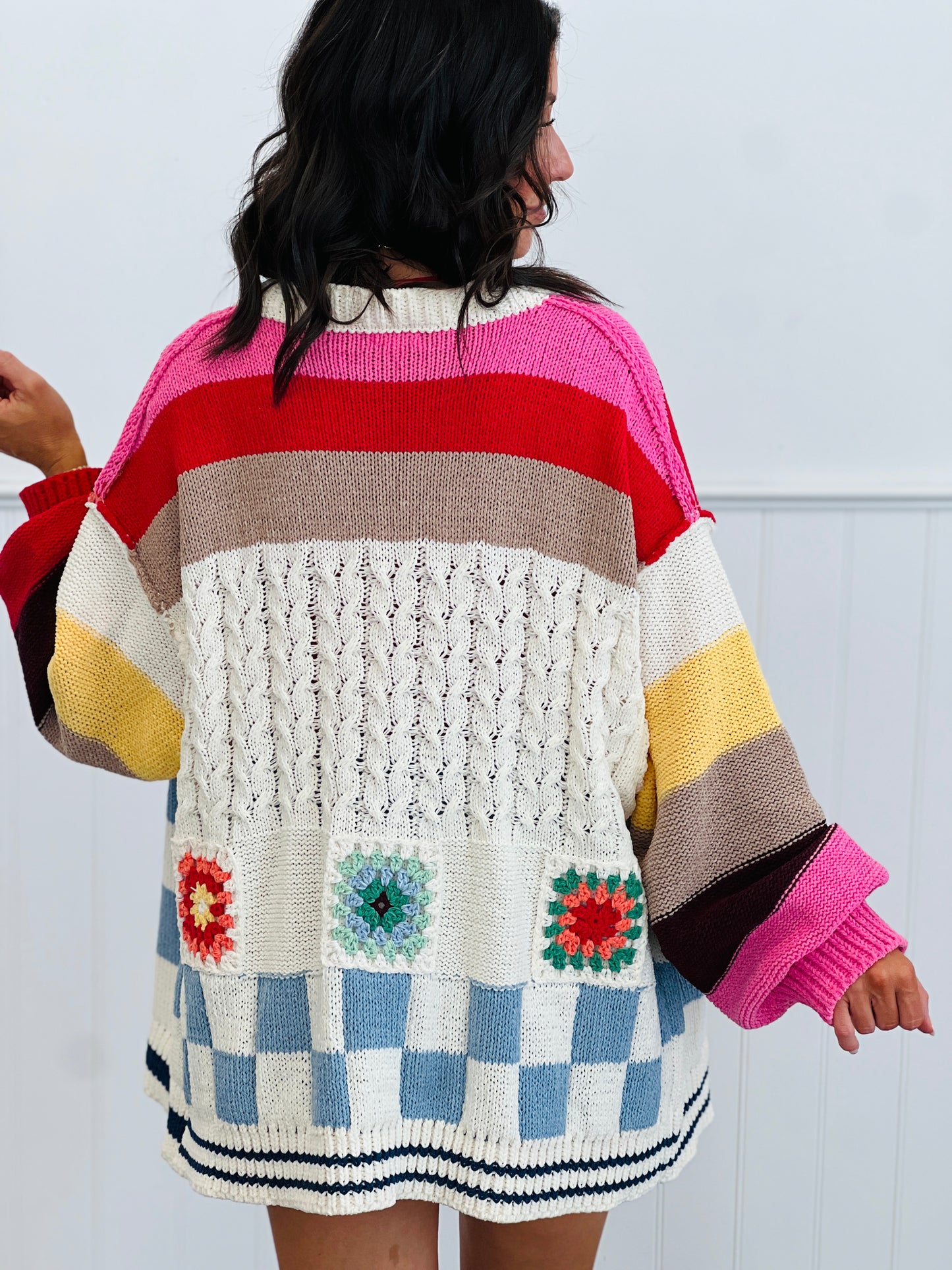 POL Ivory Stripe Granny Squares Sweater Cardigan (Reg.)