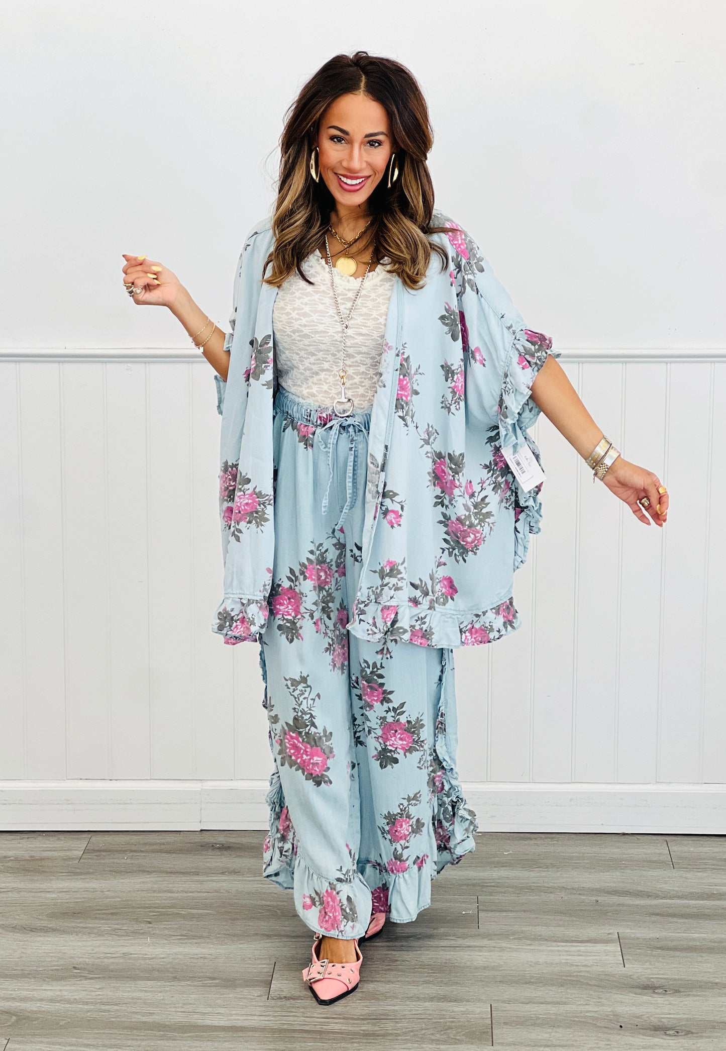 Chambray Flower Child Ruffled Cardigan (Reg & Plus)-2 Colors