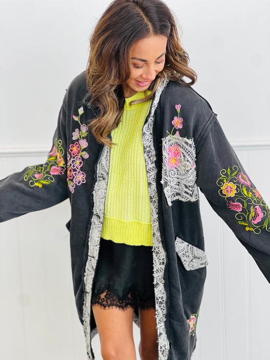 POL Black Embroidered Crochet Longline Shacket (Reg.)