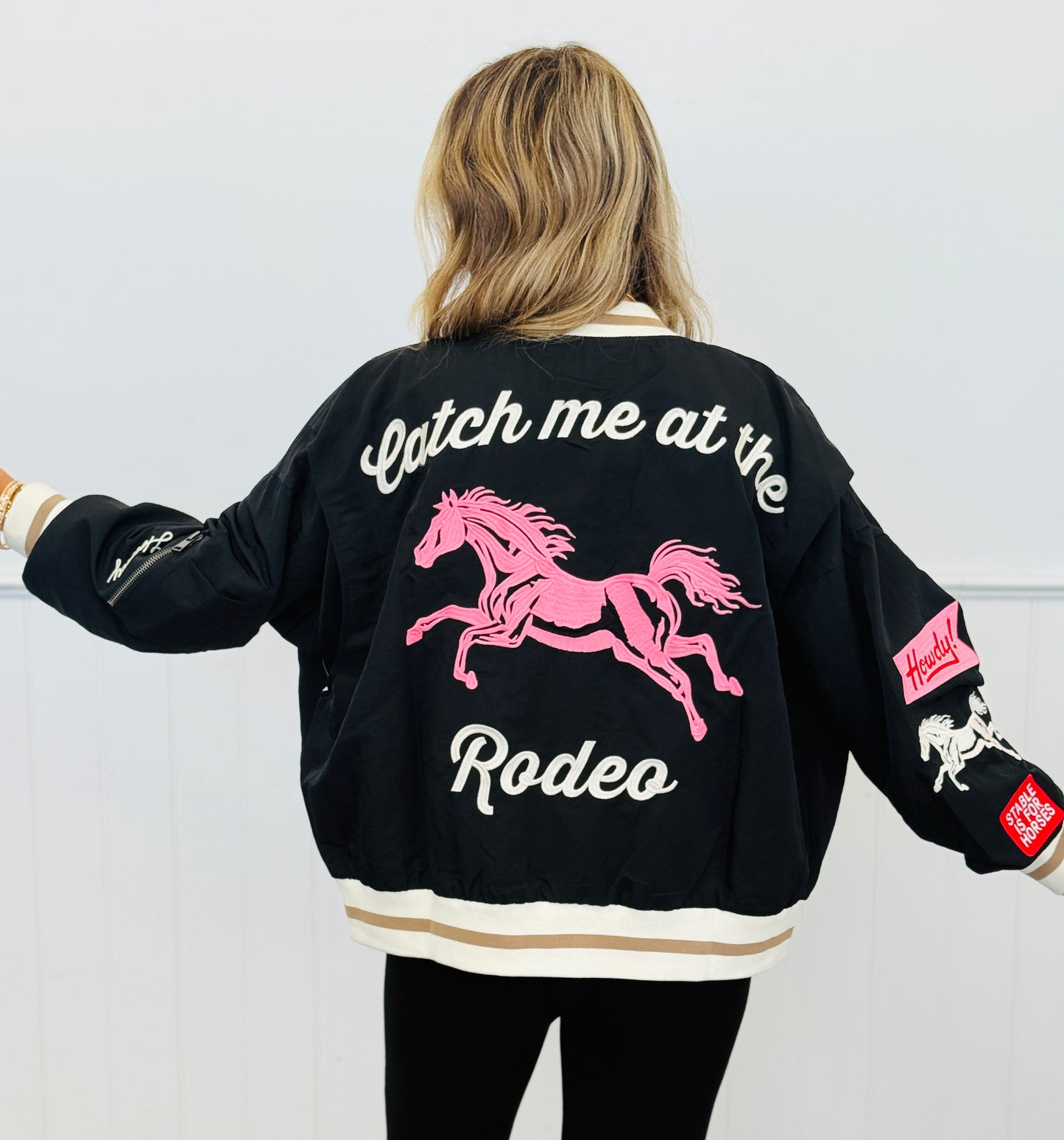 Black Catch Me At The Rodeo Bomber Jacket (Reg. and Plus)