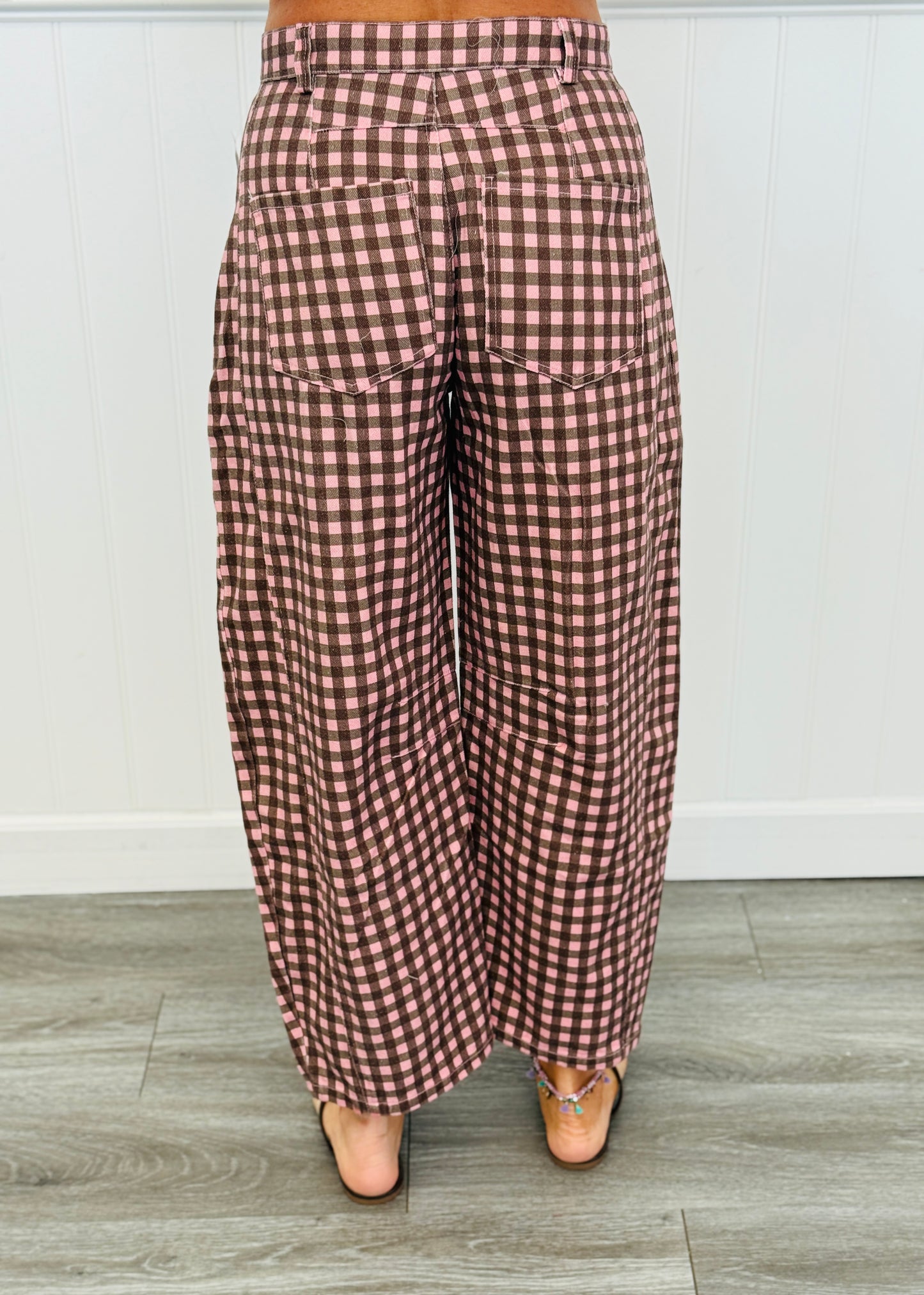 Pink/Brown Gingham Twill Barrel Pants (Reg.)