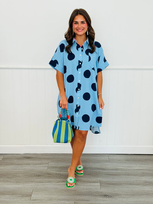 Blue/Navy Polka Dot Shirt Dress (Reg & Plus)