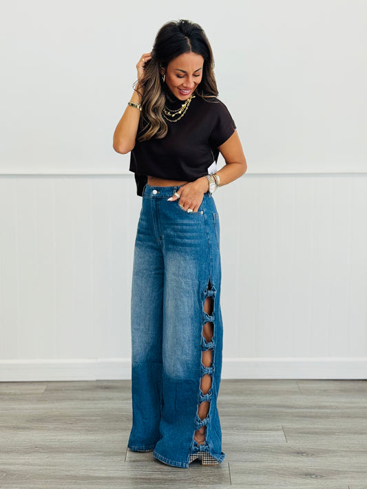 Denim Bow Detailed Side Seam Pants (Reg & Plus)