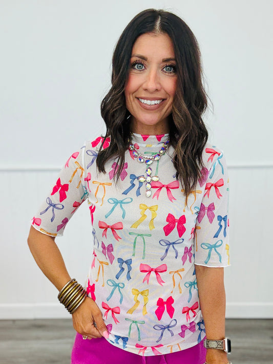 Kora Midnight Bow Neon Pastel Short Sleeve Mesh Top (Reg. and Plus)