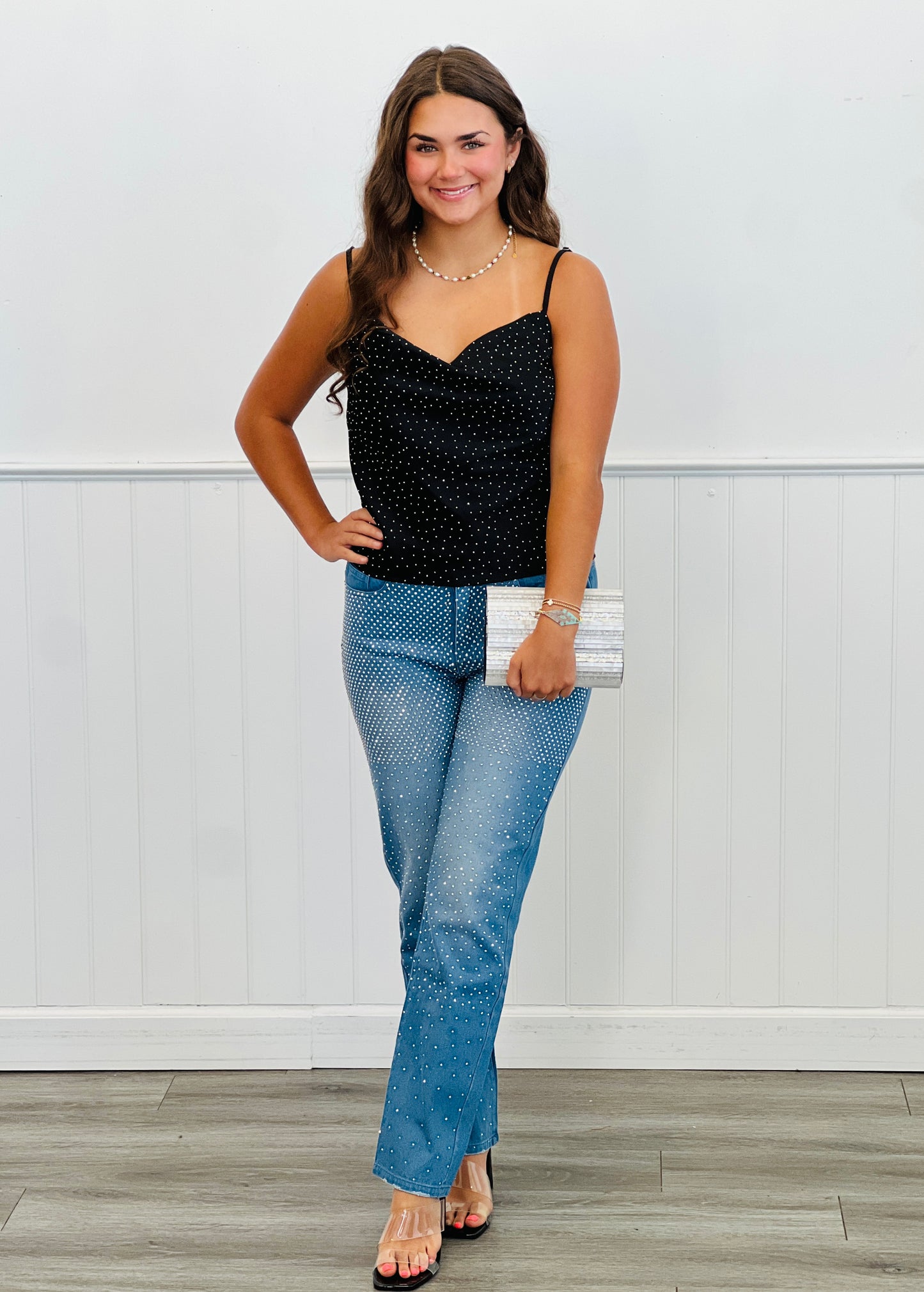 Black Rhinestone Cowl Cami Top (Reg & Plus)