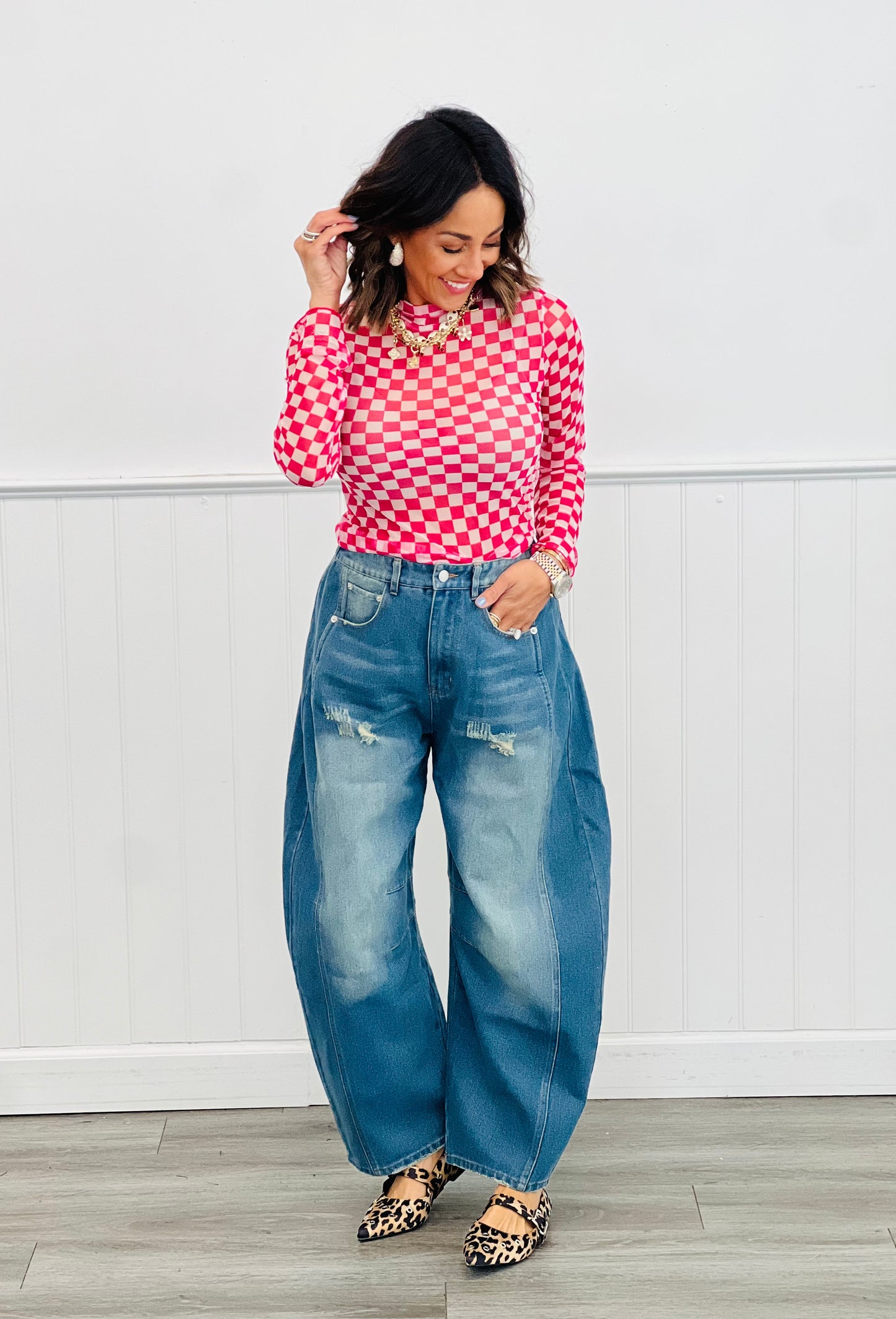 Checkered Mock Neck Mesh Top (Reg & Plus)-3 Colors