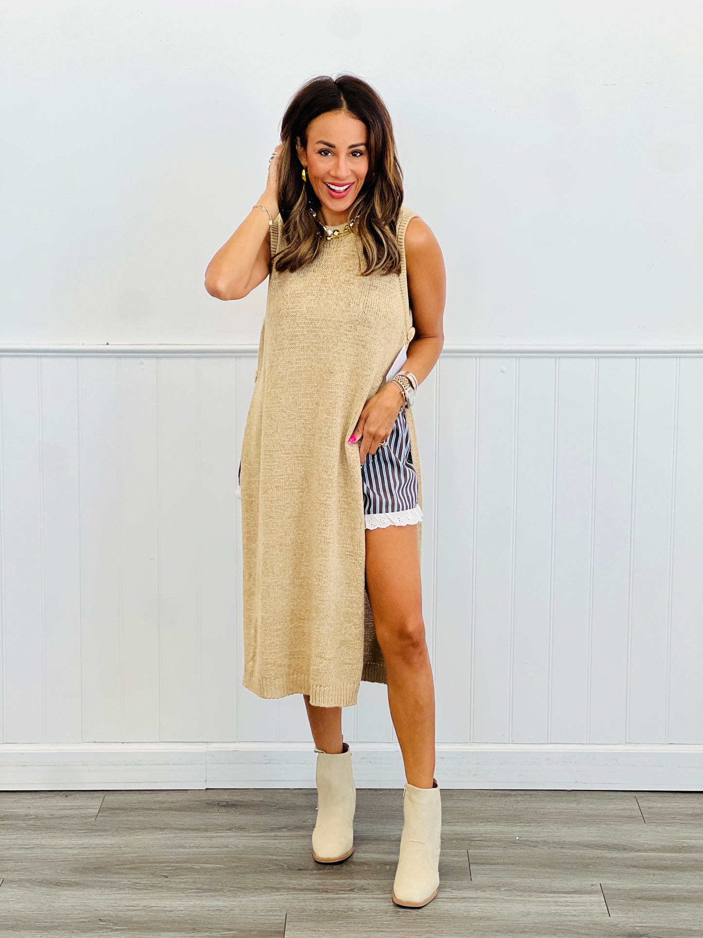 Sleeveless Side Slit Gold Button Sleeveless Sweater Top (Reg.) - 2 Colors