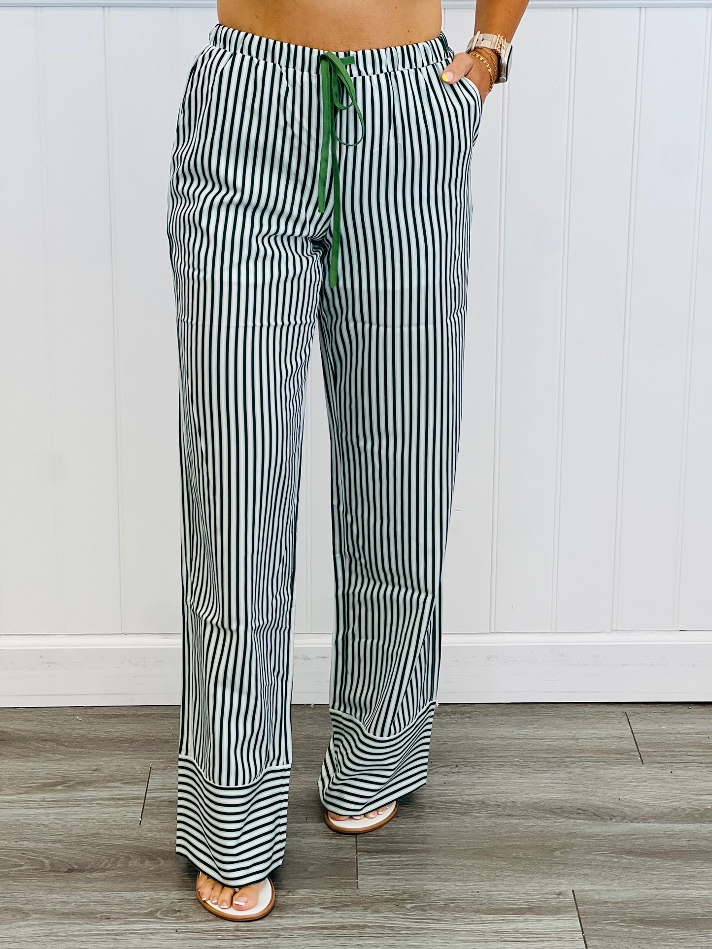 Green Striped Drawstring Pants