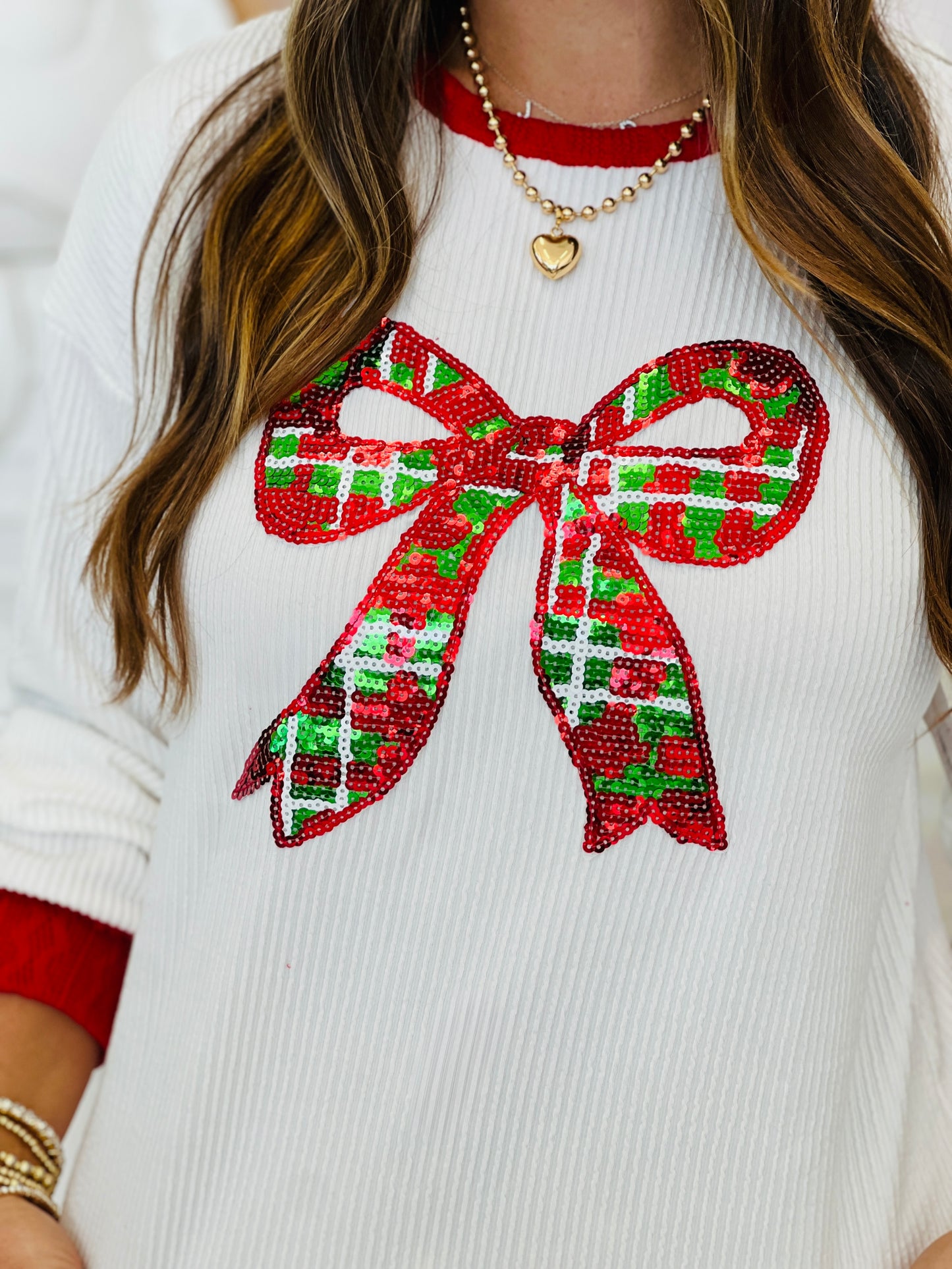 Cream Sequin Holiday Bow LS Top (Reg & Plus)