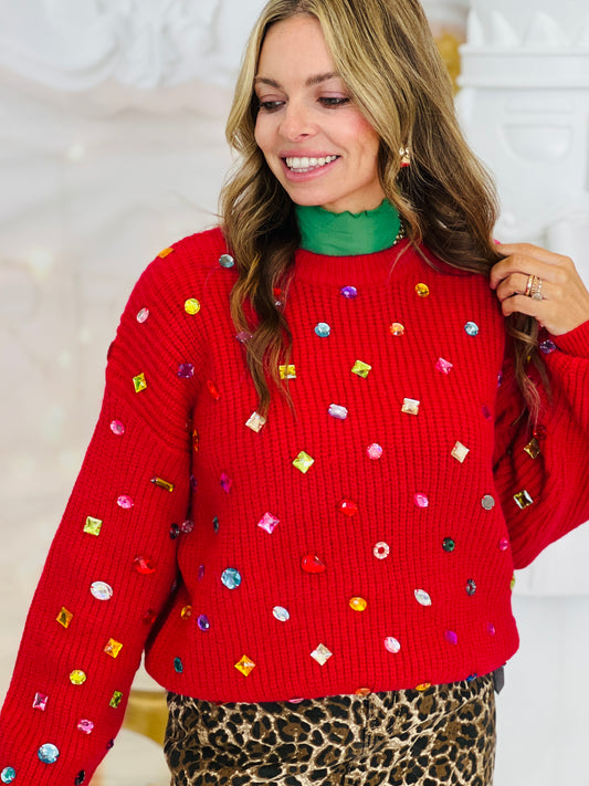 Red Jewels Embellished Long Sleeves Sweater Top (Reg. and Plus)