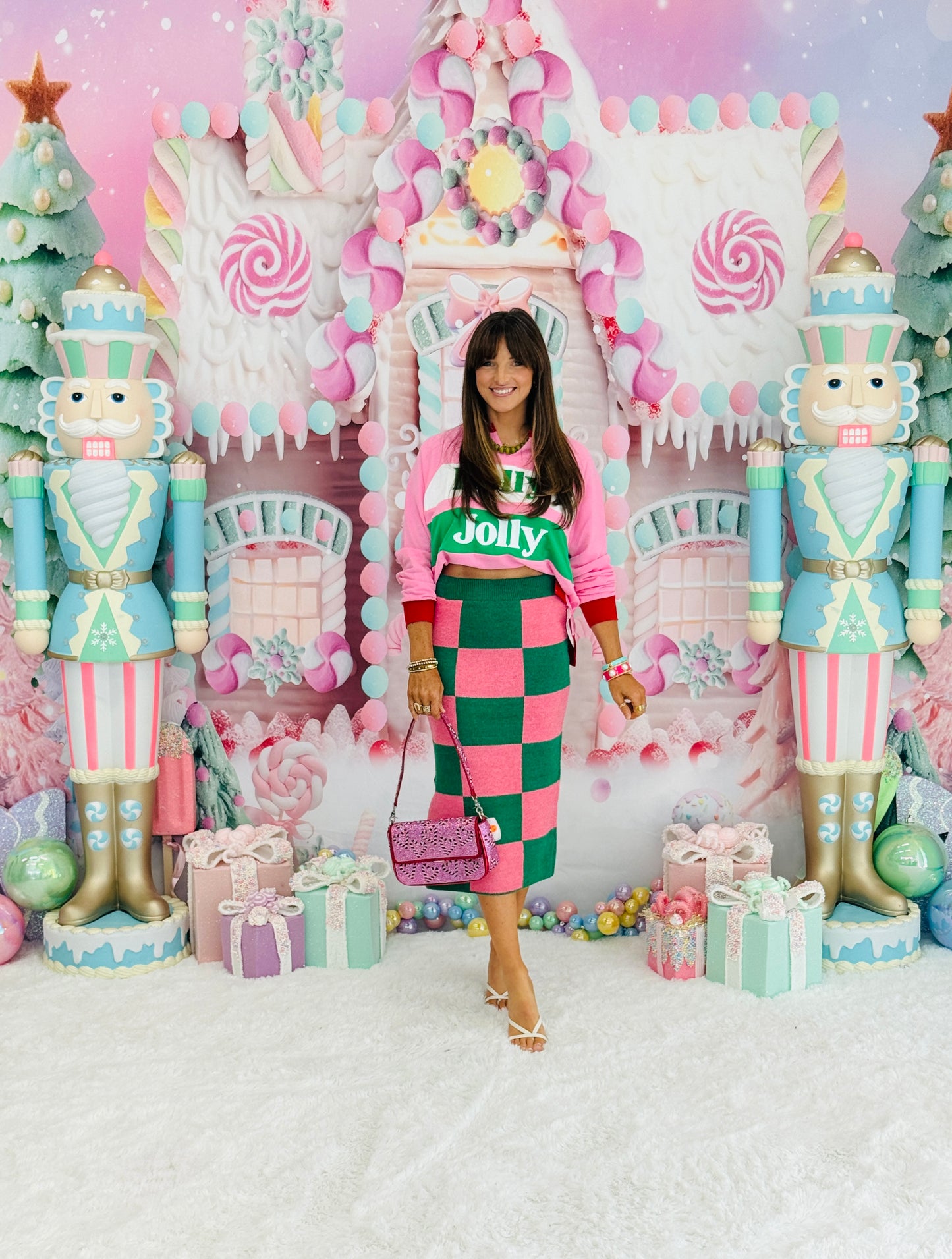 Green/Pink Checkered Knit Pencil Midi Skirt (Reg. and Plus)