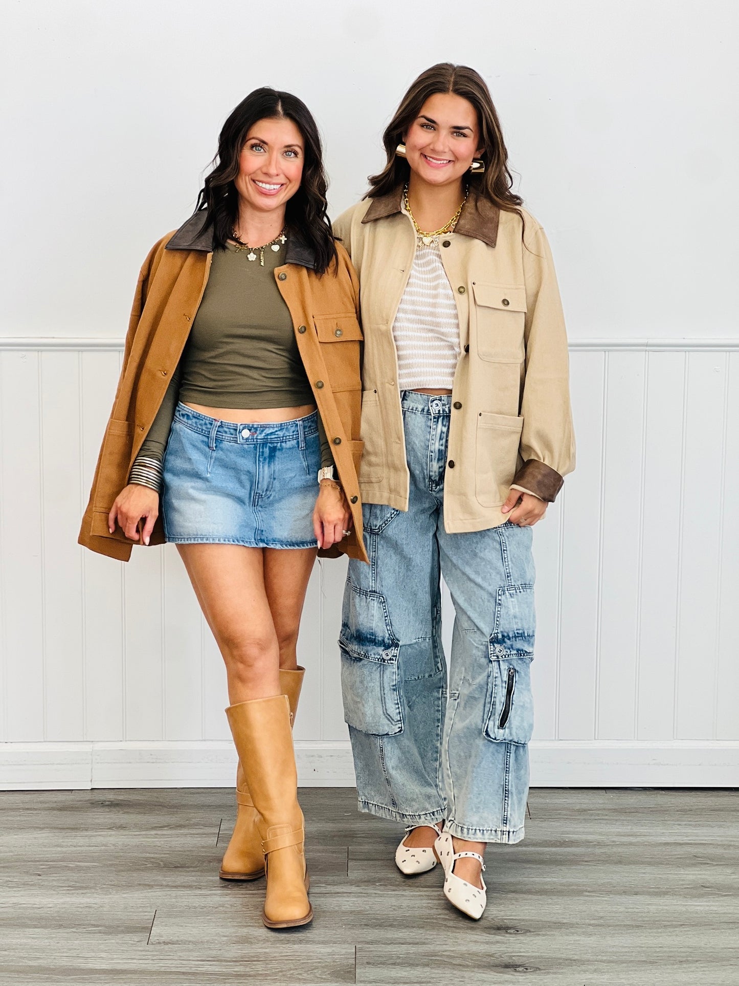 Contrast Faux Leather Denim Jacket (Reg.)-2 Colors