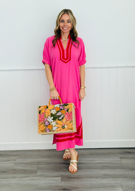 Pink Contrast Stripe Detailing Midi Dress (Reg. and Plus)