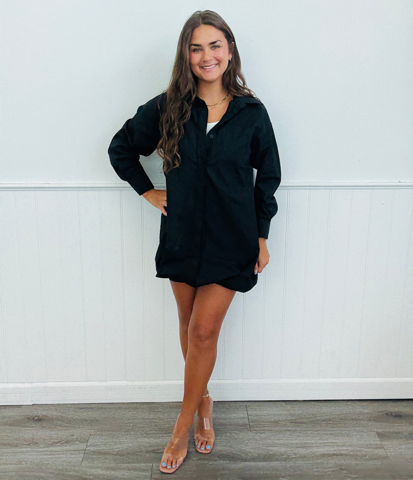 Black Bubble Breeze Mini Shirt Dress (Reg.)