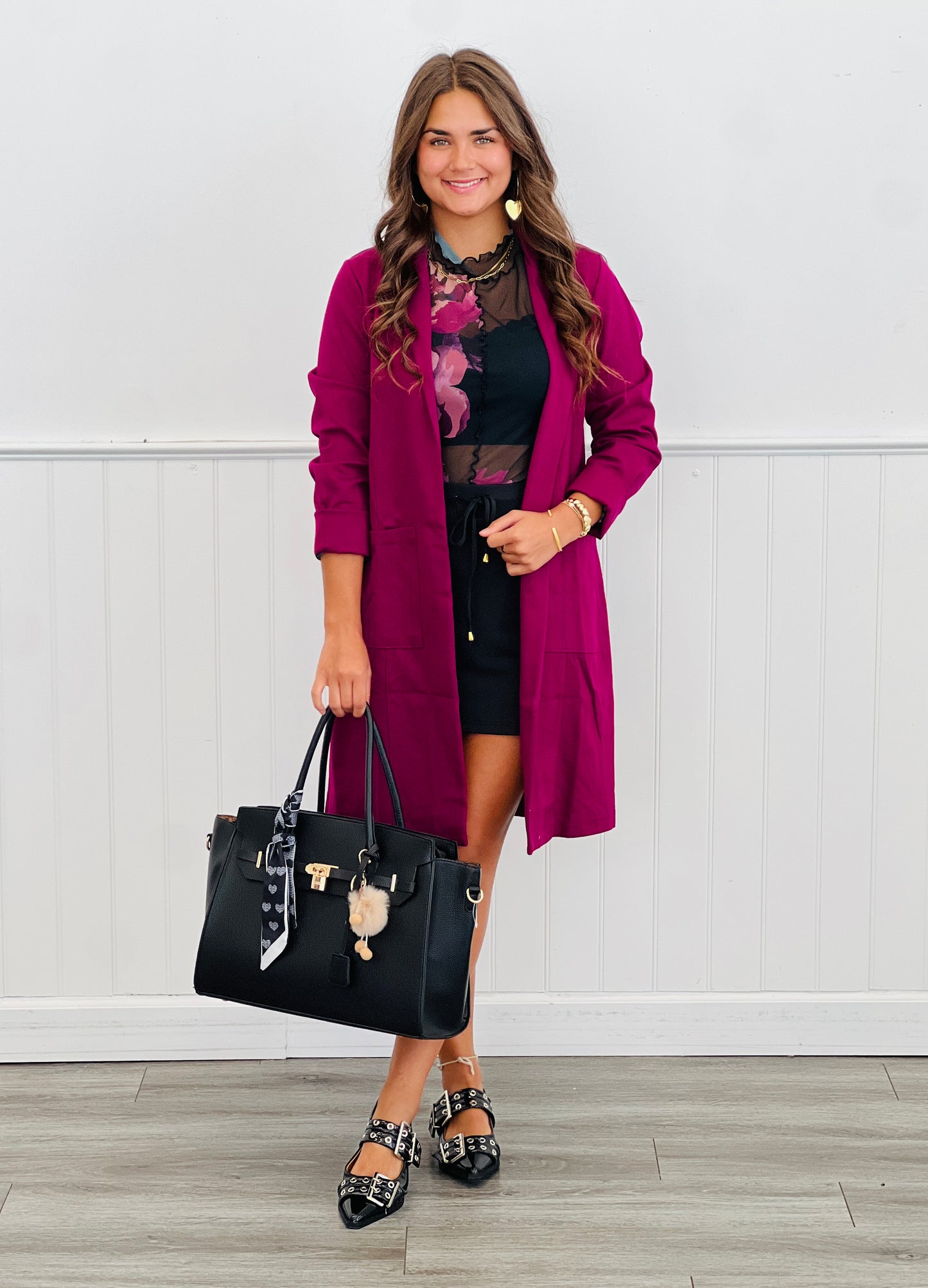 Black/Mauve Floral LS Mesh Top (Reg. and Plus)