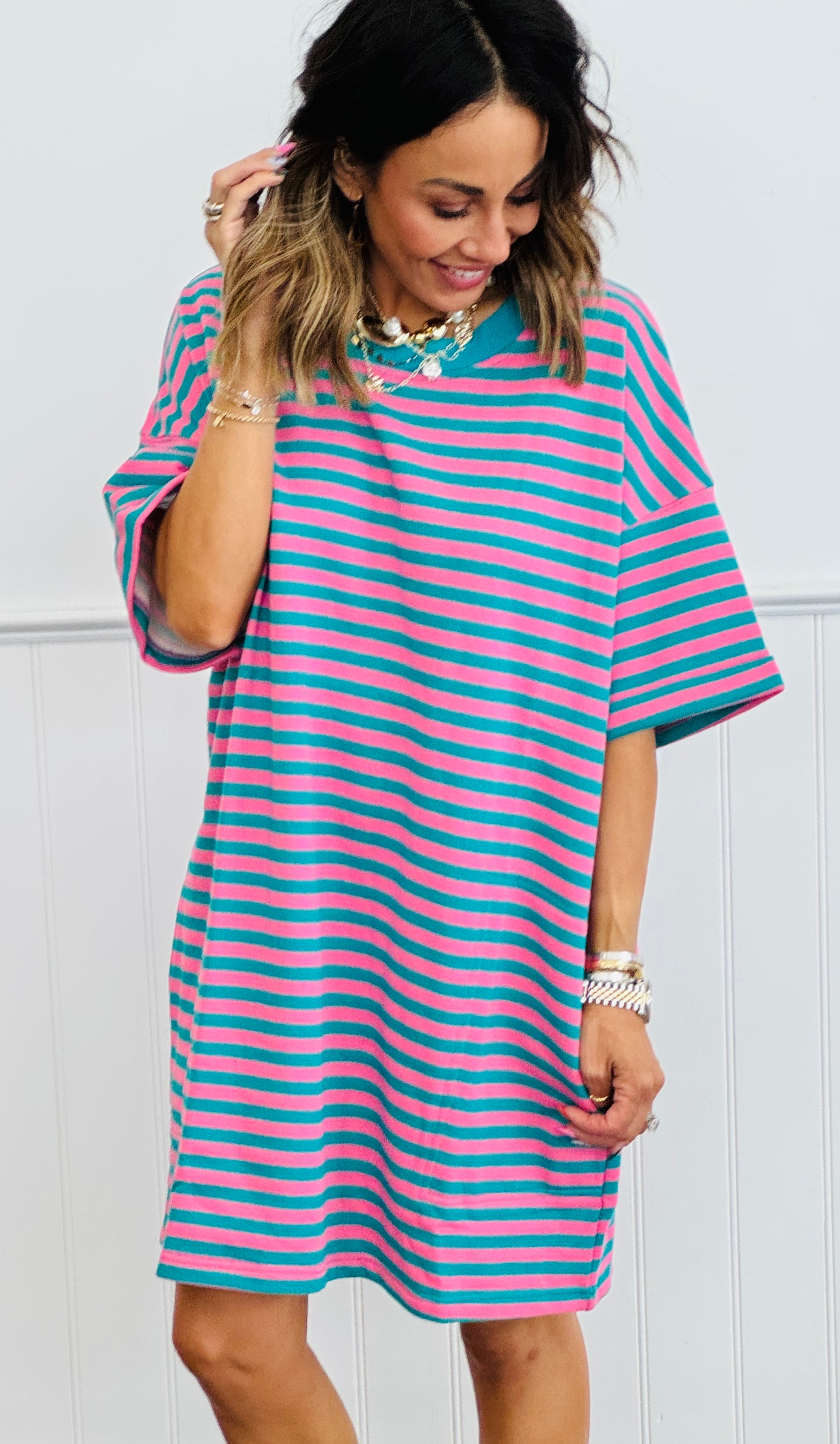 Pink/Green Striped Oversized Tee Shirt Dress (Reg.)