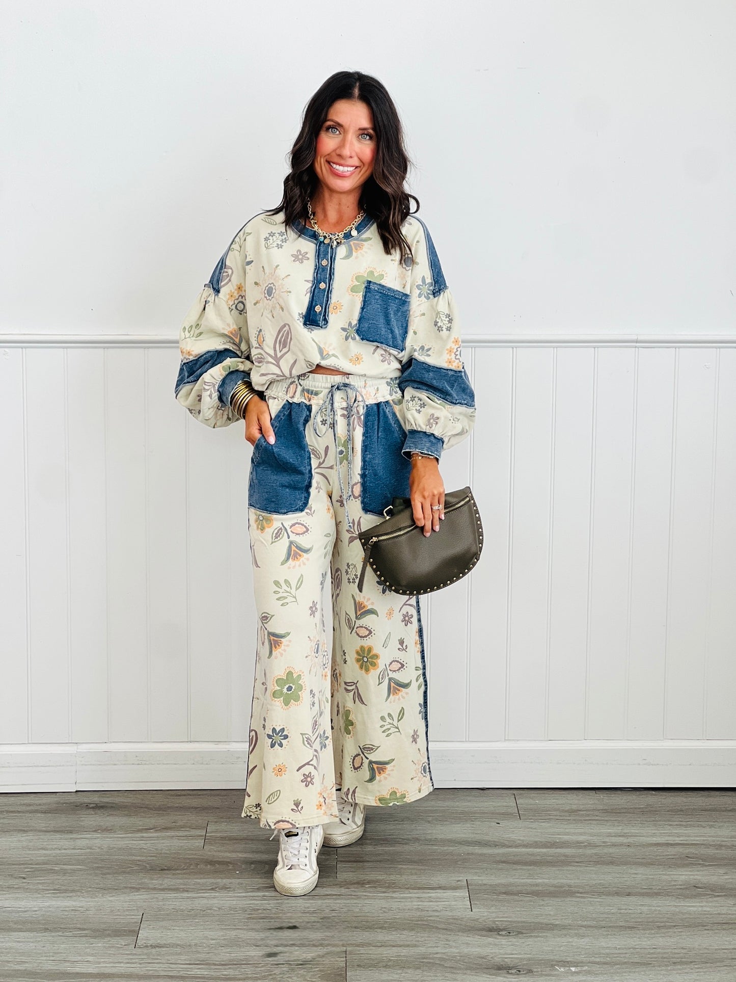 Ecru Mineral Washed Floral Print Pants (Reg & Plus)