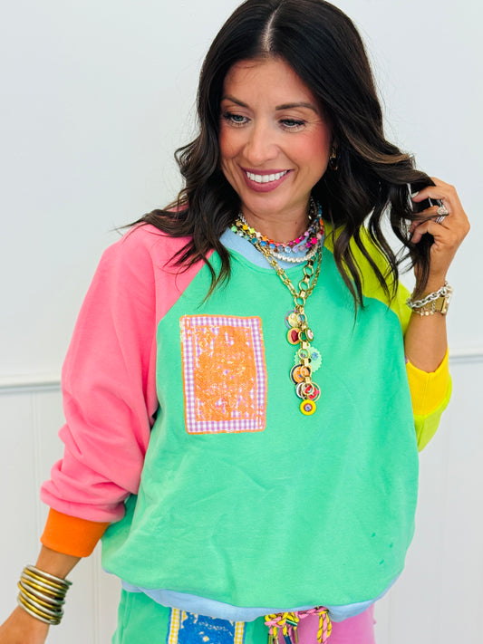 Queen Of Sparkles Colorblock Card Logo Tie Sweatshirt (Reg. & Plus)