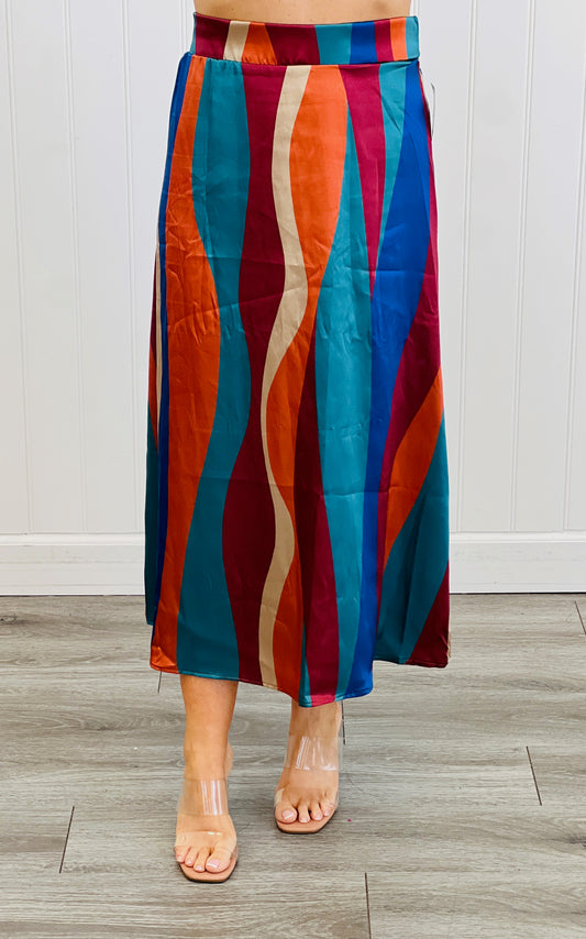 Teal/Marron Wavy Stripe Print Skirt (Reg. and Plus)