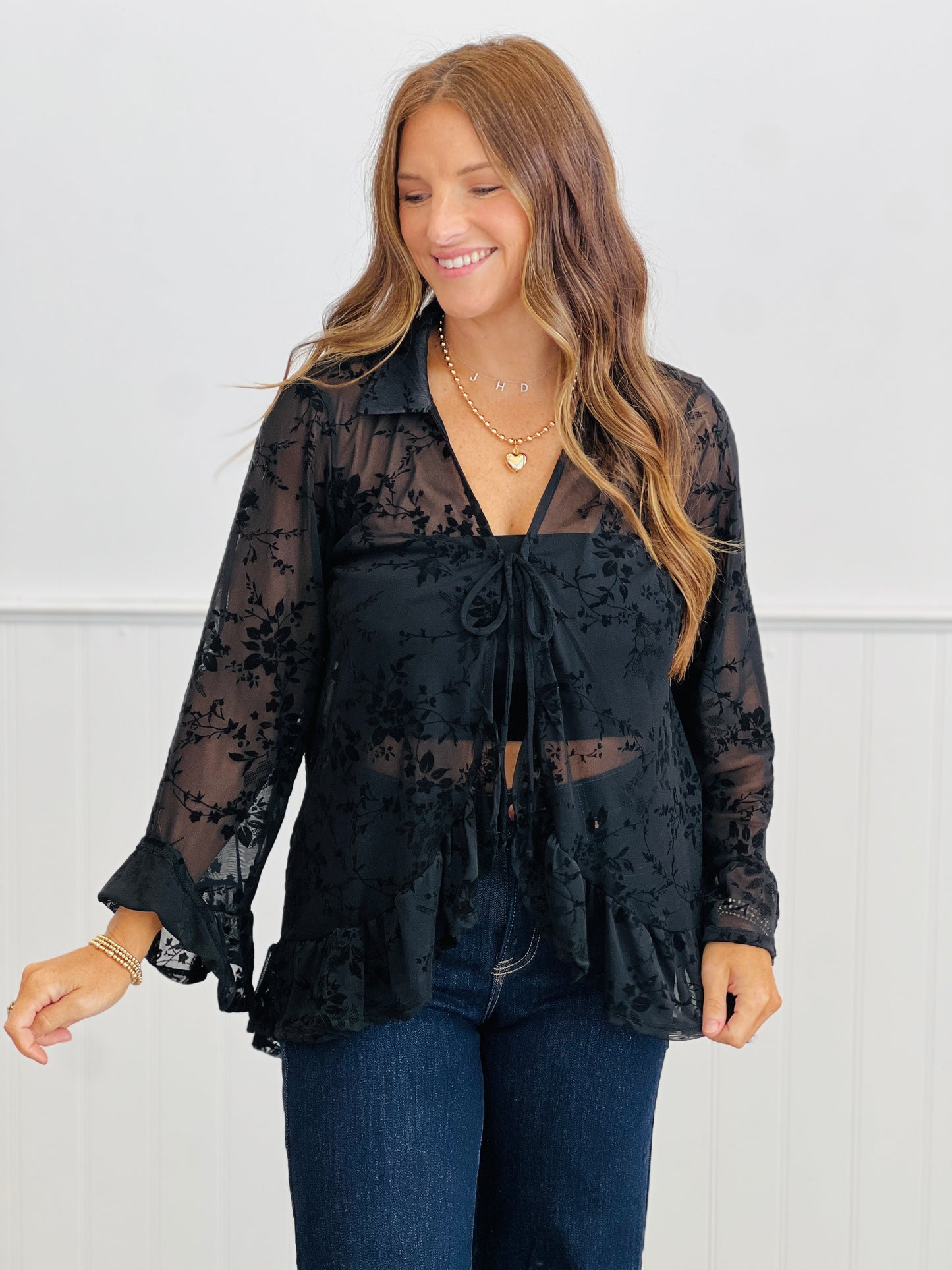 Black Floral Front Tie Blouse (Reg. and Plus)