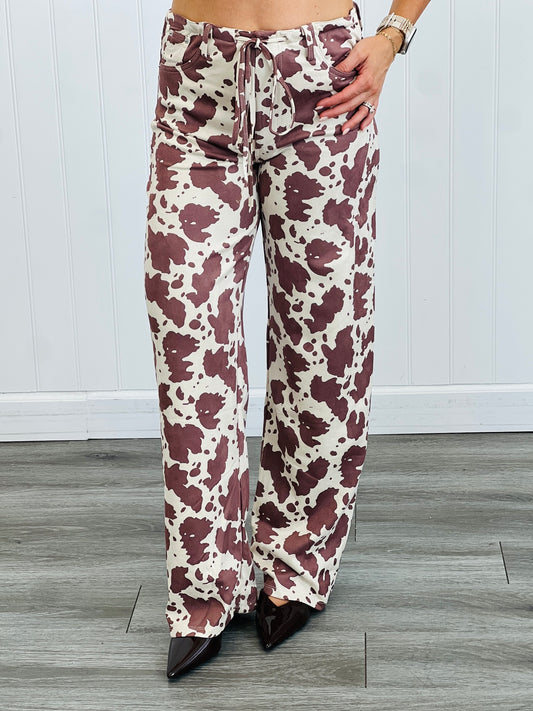 Cream Abstract Animal Print Waist Tie Pants (Reg.)