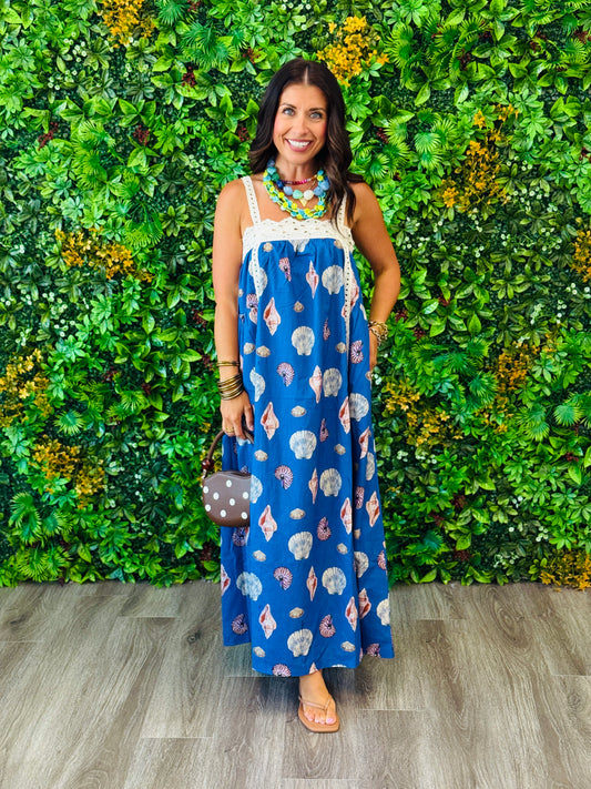 Royal Seashell Print Eyelet Lace Trim Maxi Dress (Reg.)