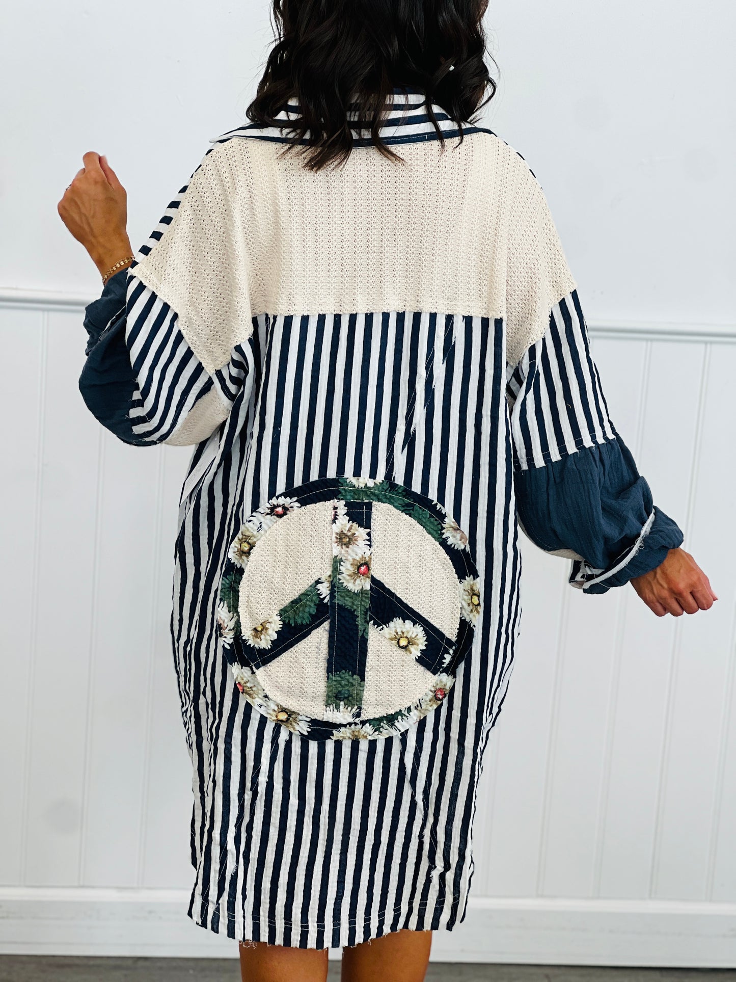 POL Navy Stripe Contrast Peace Marks Shacket (Reg.)