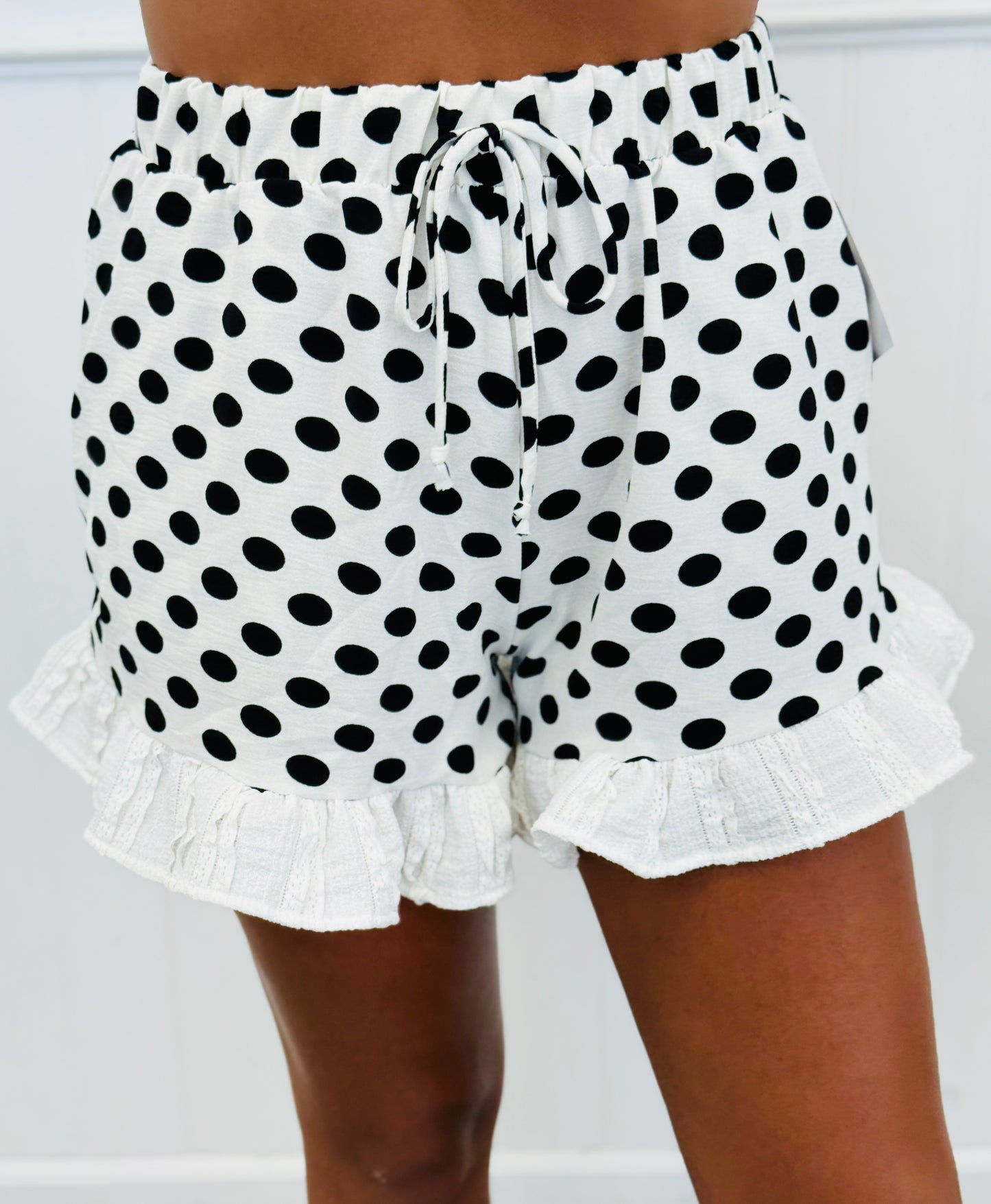 White/Black Polka Dot Ruffle Hem Shorts (Reg. and Plus)