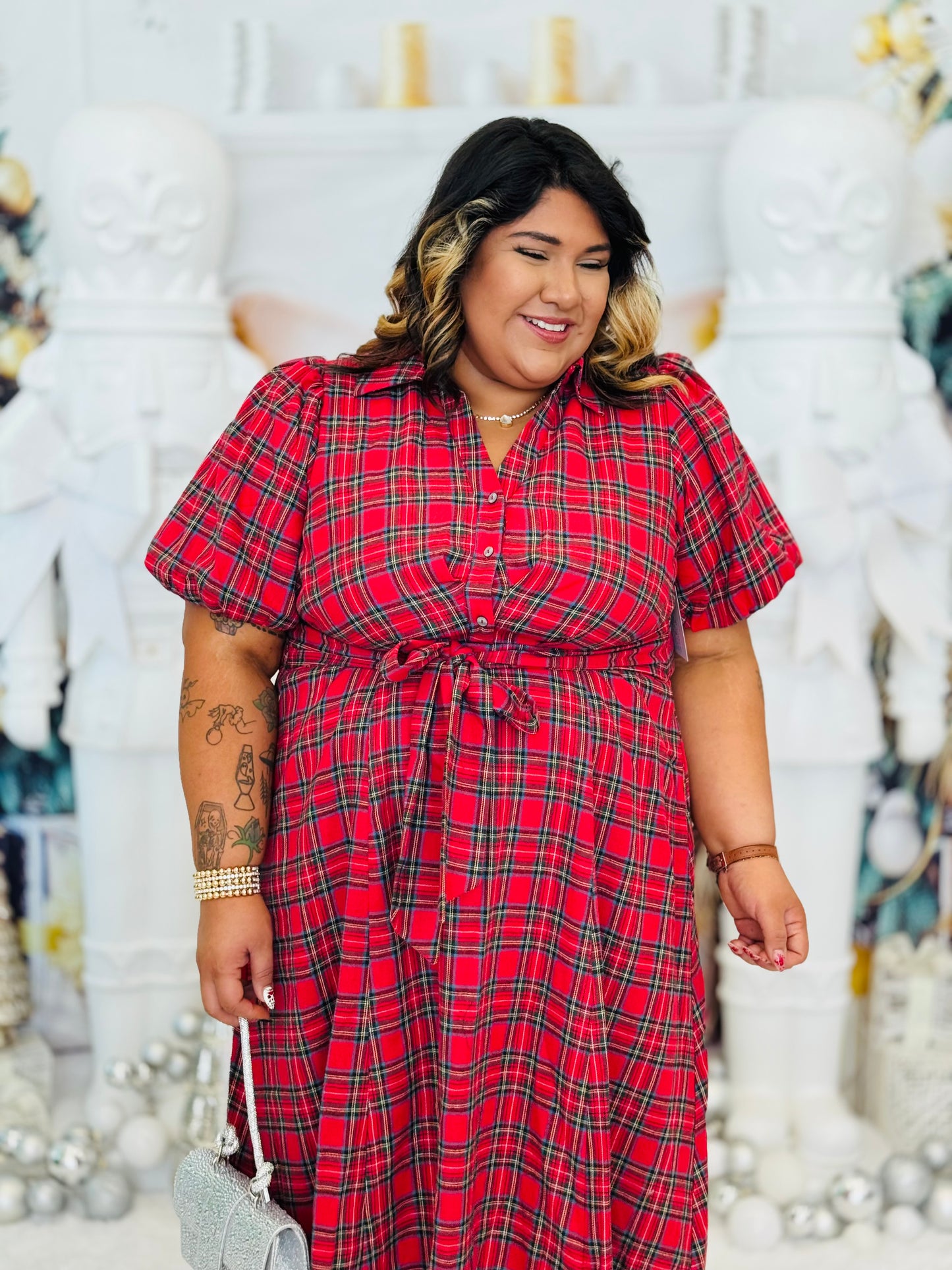 Red Plaid Puff Sleeve Midi Dress (Reg & Plus)