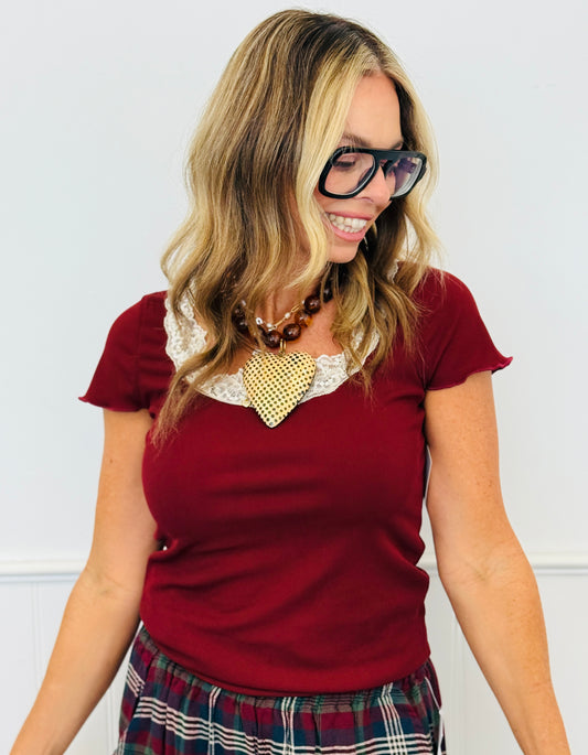 Maroon Lace Trim Short Sleeve Top (Reg. and Plus)