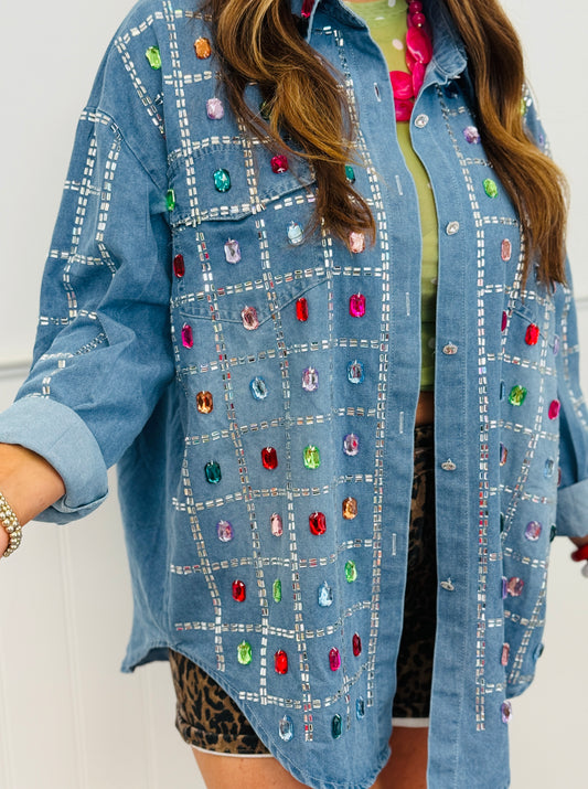 Denim Multi Crystal & Rhinestone Shacket (One Size)
