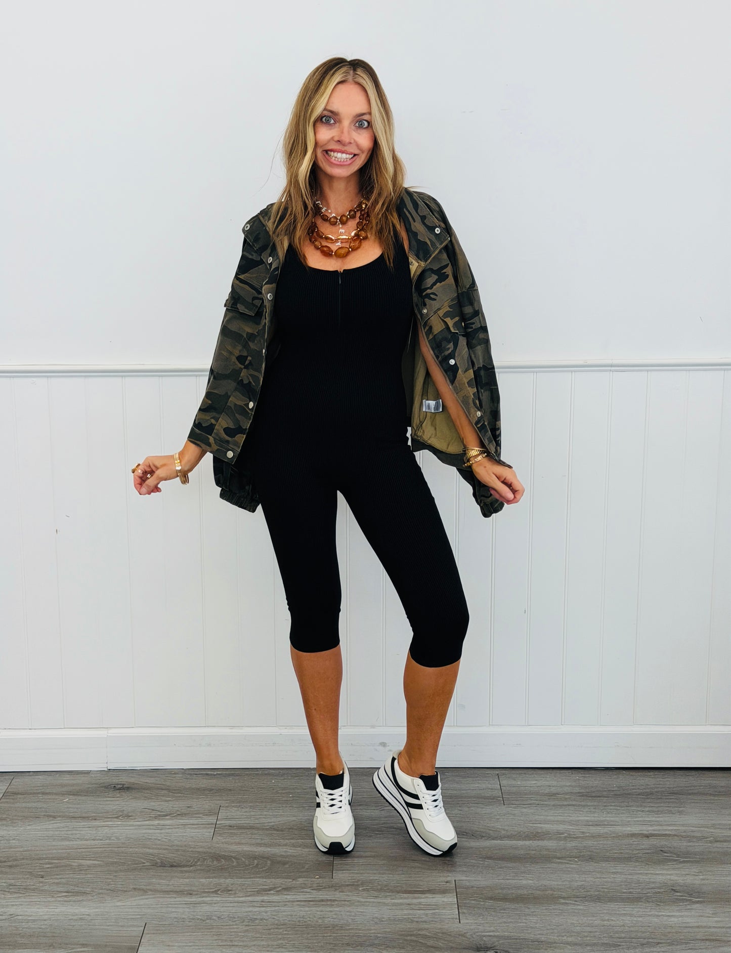 Black Ribbed Front Zipper Jumpsuit (Reg.)