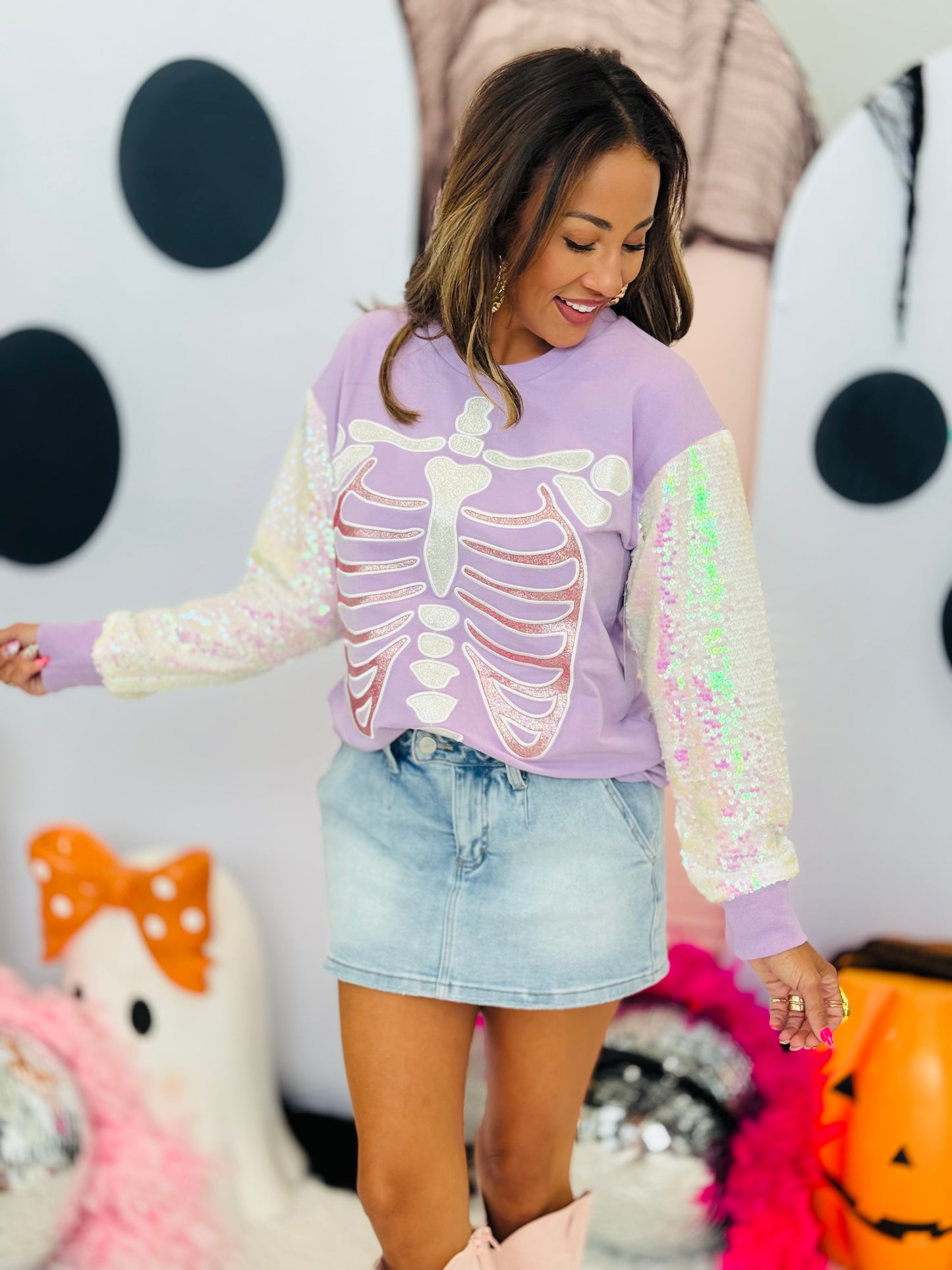 Purple Glitter Skeleton Sequin Sleeves LS Top (Reg. and Plus)