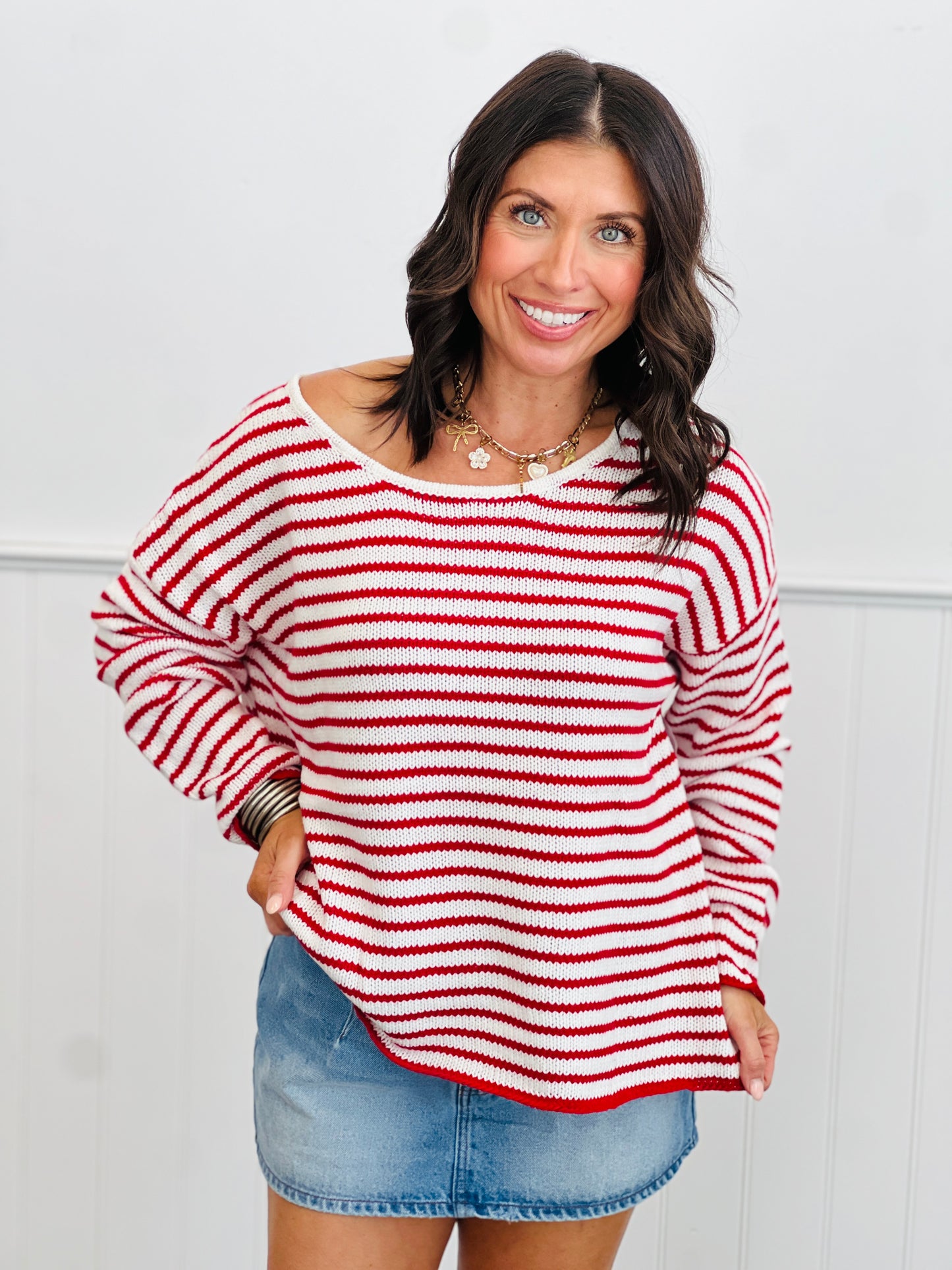 Striped Round Neck Sweater Top (Reg.)-2 Colors