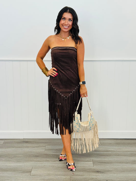 Dark Brown Studded Suede Fringe Mini Dress (Reg.)