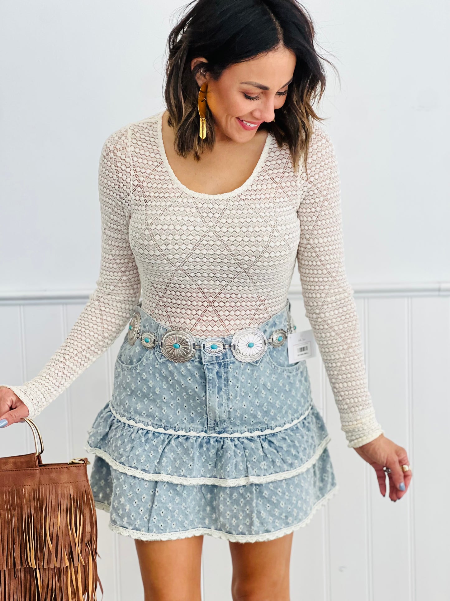 POL Lt. Denim Textured Twill Lace Trim Tiered Mini Skirt (Reg.)