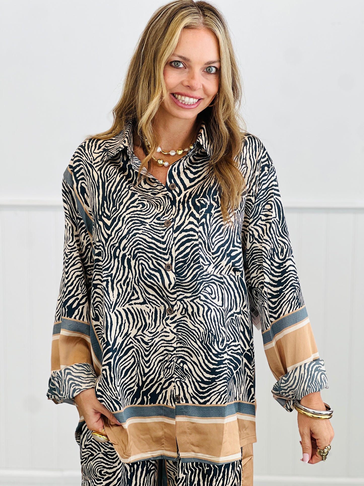 POL Tan Navy Zebra Animal Instincts Top (Reg.)