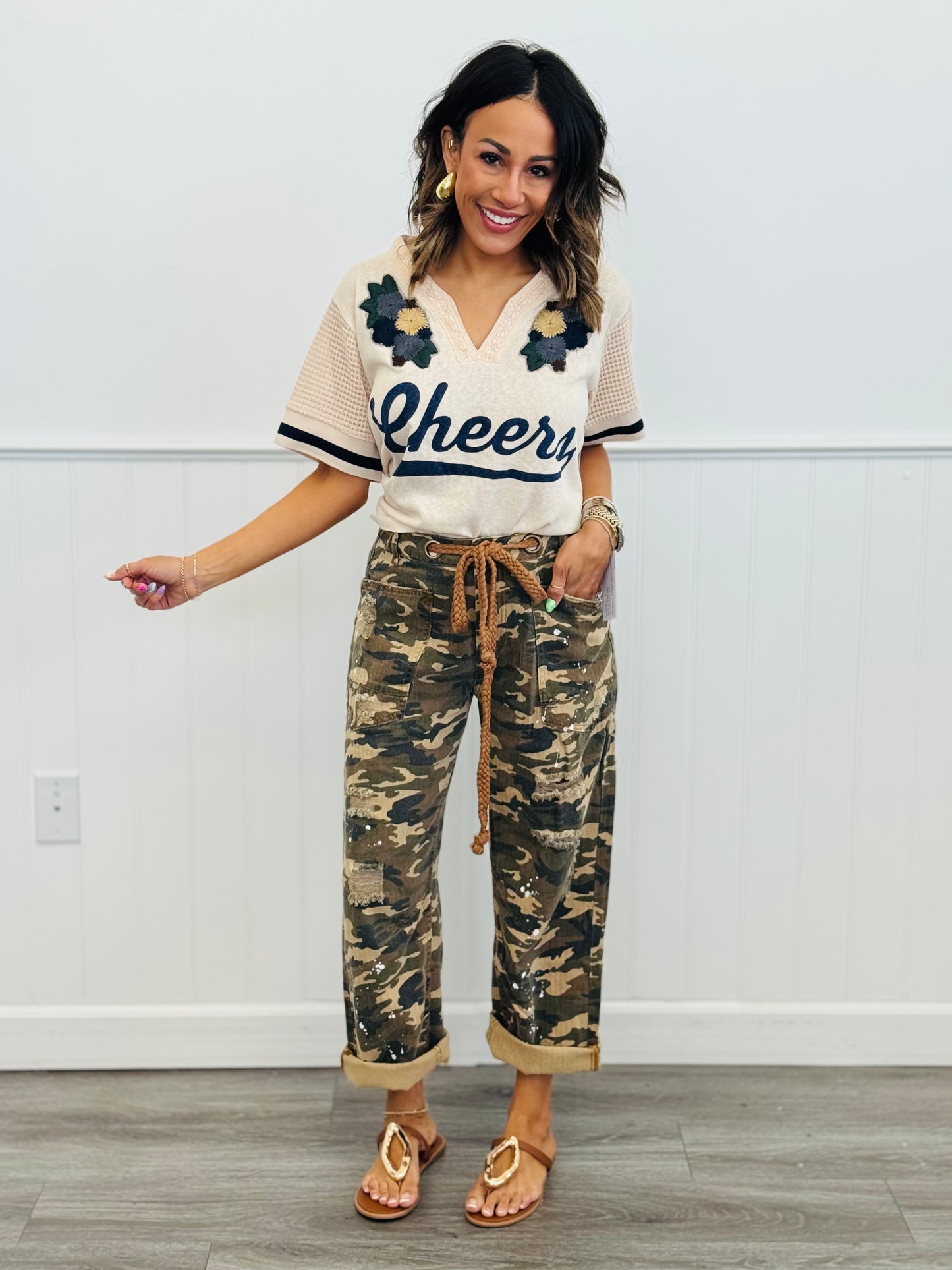 Beige Floral Patch & Lace Cheers Tee Top (Reg & Plus)