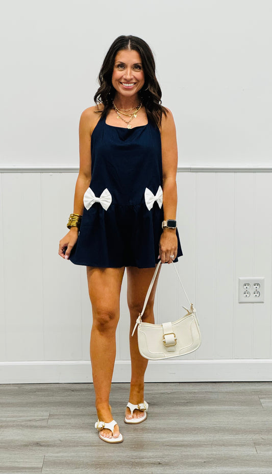 Navy Poplin Double Bow Romper (Reg.)