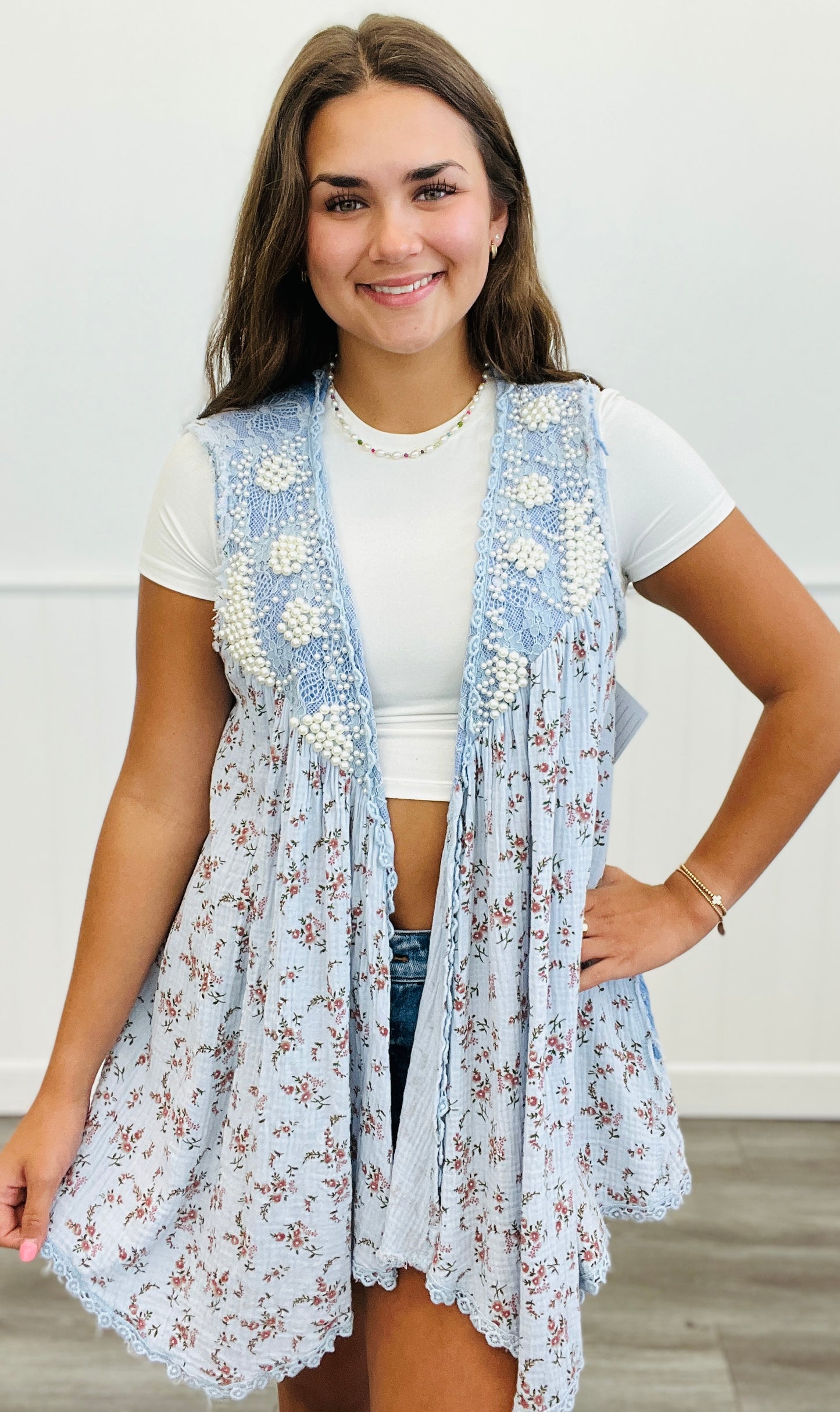 POL Blue Multi Pearl Floral Open Cardigan (Reg.)
