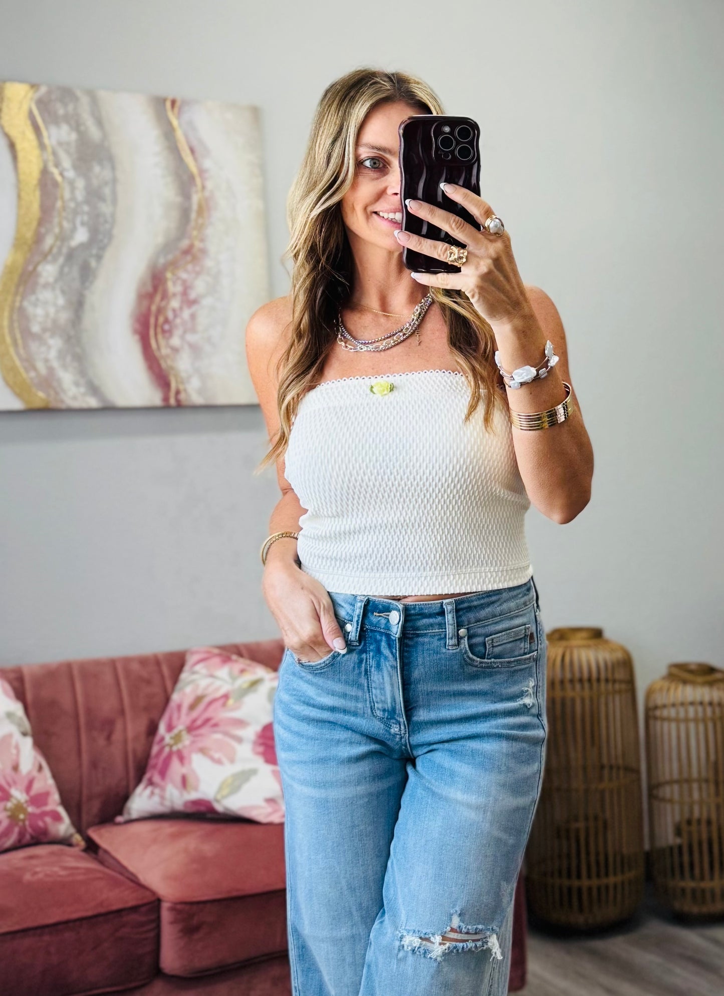 POL Cream Rosette Trim Textured Tube Top (Reg.)