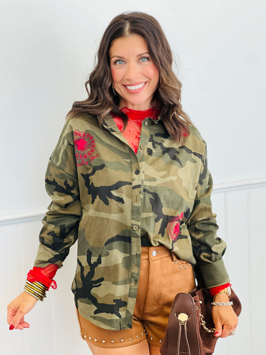Camo Contrast Embroidery Button Up Shirt (Reg.)