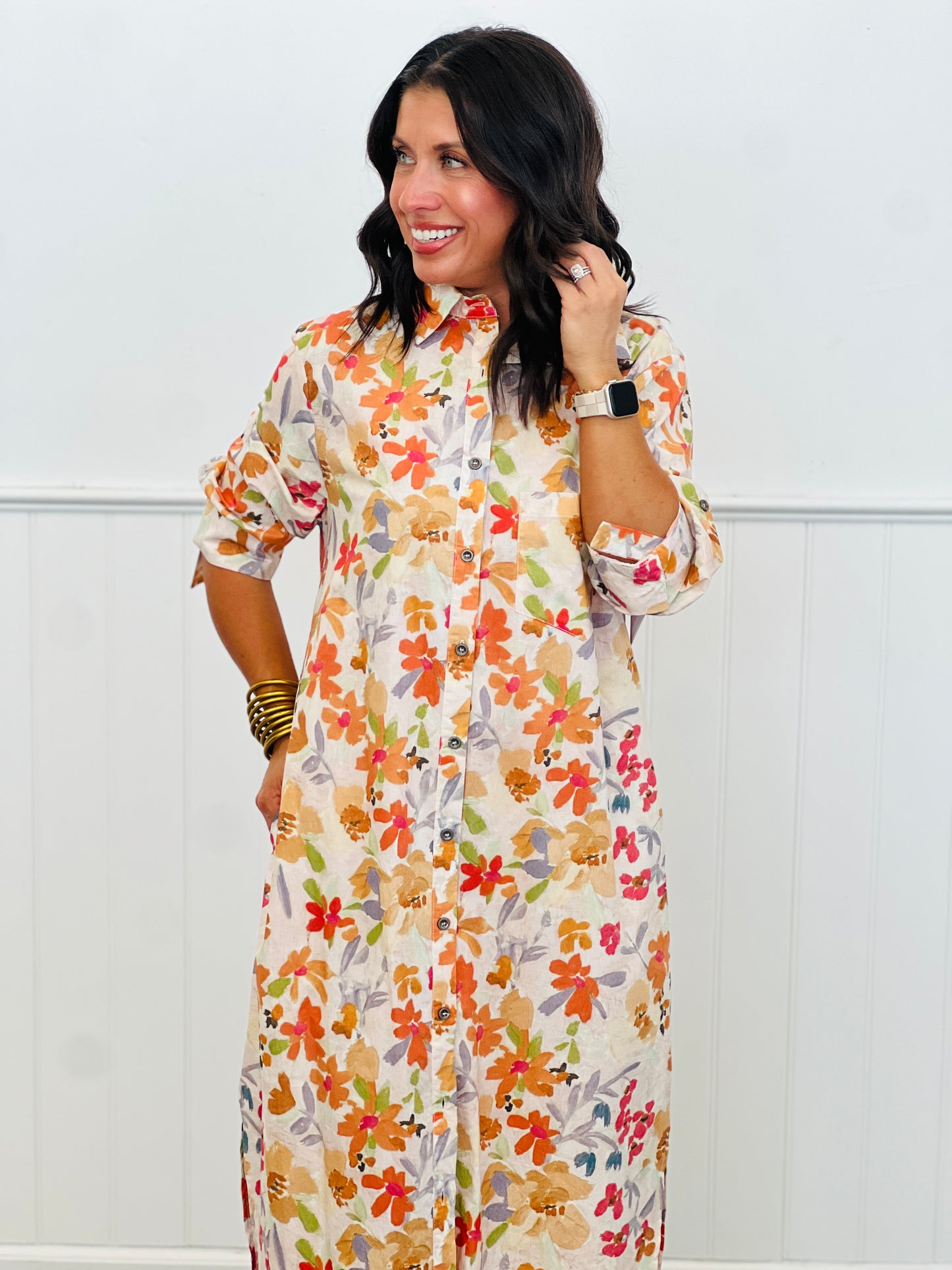 Multi Floral Midi Shirt Dress (Reg & Plus)