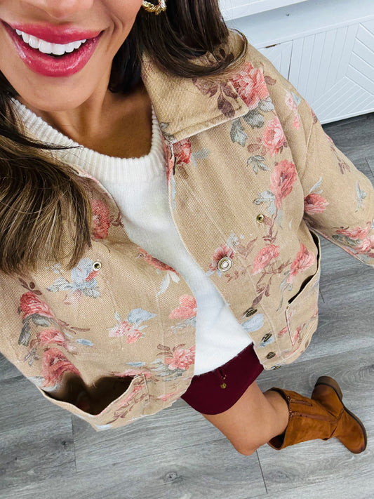 Taupe Floral Printed Jacket (Reg. and Plus)