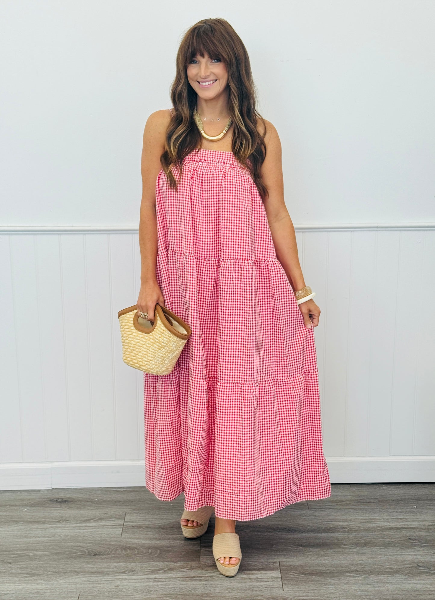 Red/Navy Bow Tie Gingham Tiered Maxi Dress (Reg.)