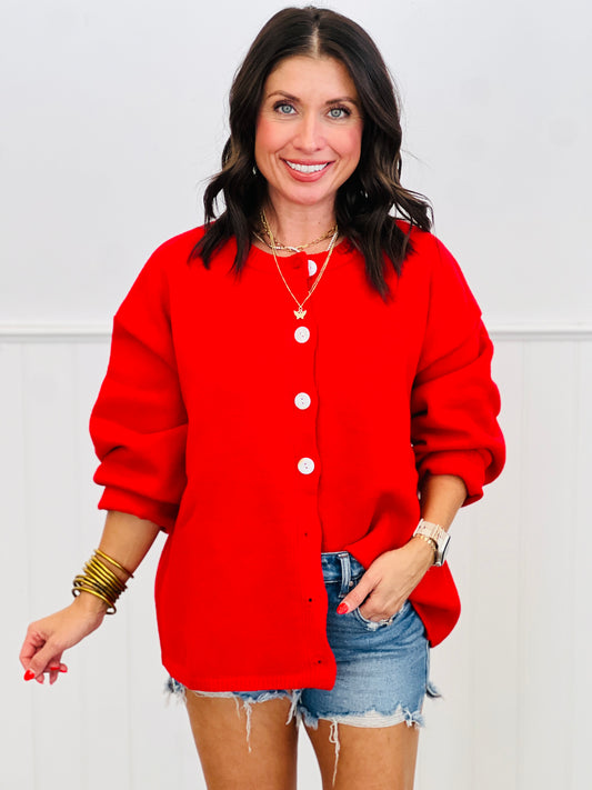 Red SueAnn Sweater Button Up Cardigan (Reg.)